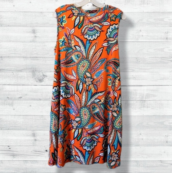 Apt 9 Paisley Dress Orange Coral Aqua Stretchy Pockets Loose Fit Casual D5 - Picture 2 of 13